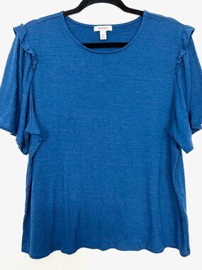 Nine West Blue Textured Knit Top Ruffle Shoulder Short Sleeve XXL